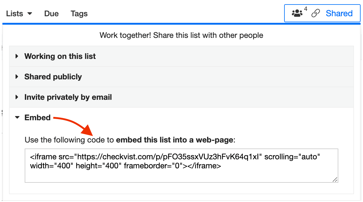 Copy and paste code to embed a list into your web page